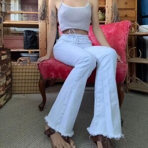 White Lace Up Front Flare Jeans High Waisted Frayed Hem Bell Bottom Pants